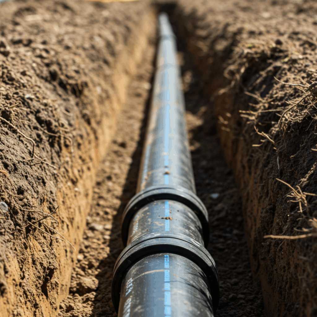 A close-up photograph of a completed black electrofusion joint on a PE pipe, installed neatly within a soil trench.