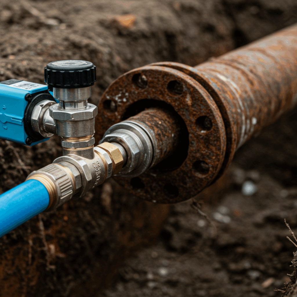 A close-up of a modern blue hose and valve connected to an old, rusted cast iron water main partially exposed in a trench.