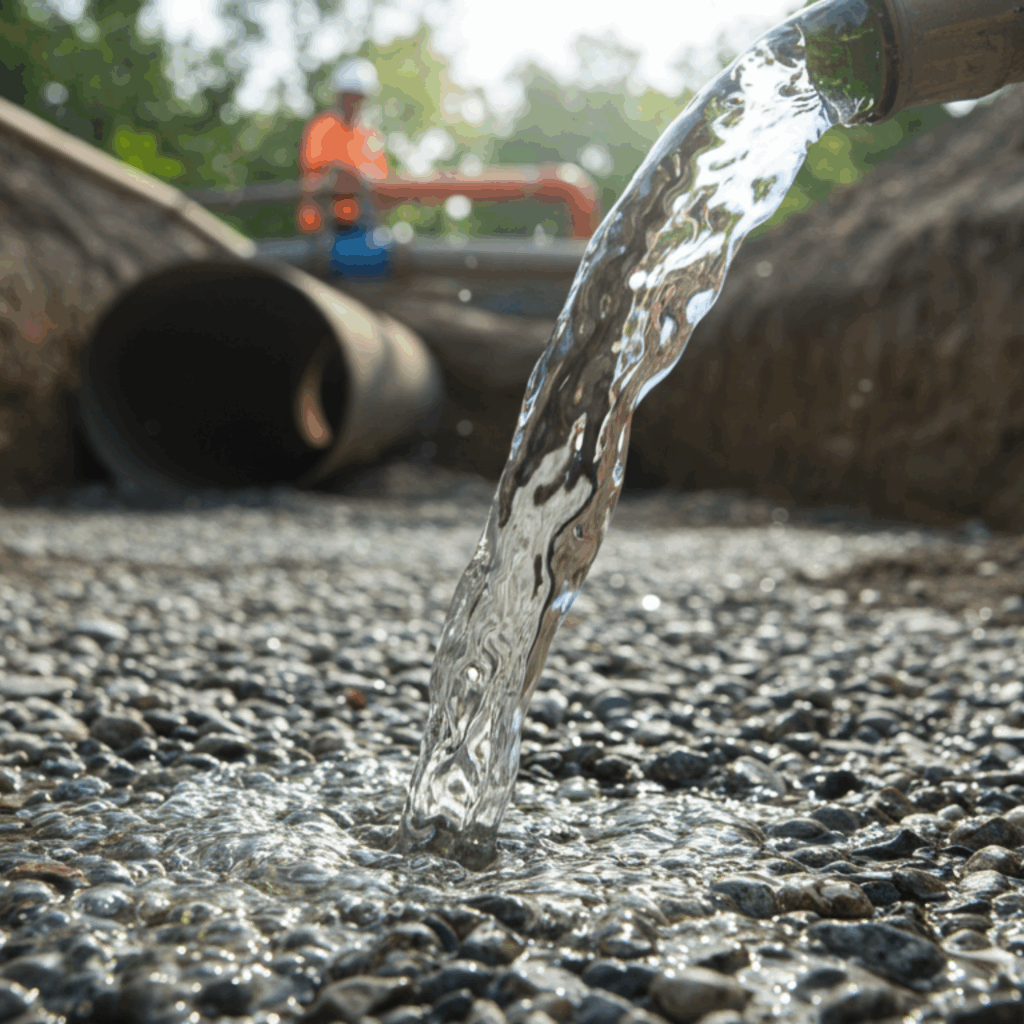 Clear, clean water being safely discharged from a hose onto a gravel bed after a successful dechlorination process, with construction trenches in the background.