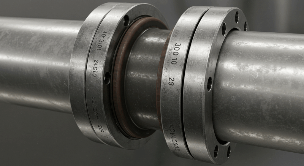 A close-up of a large industrial mechanical coupling with flanged ends and a visible gasket seal, used for traditional pipe joining.