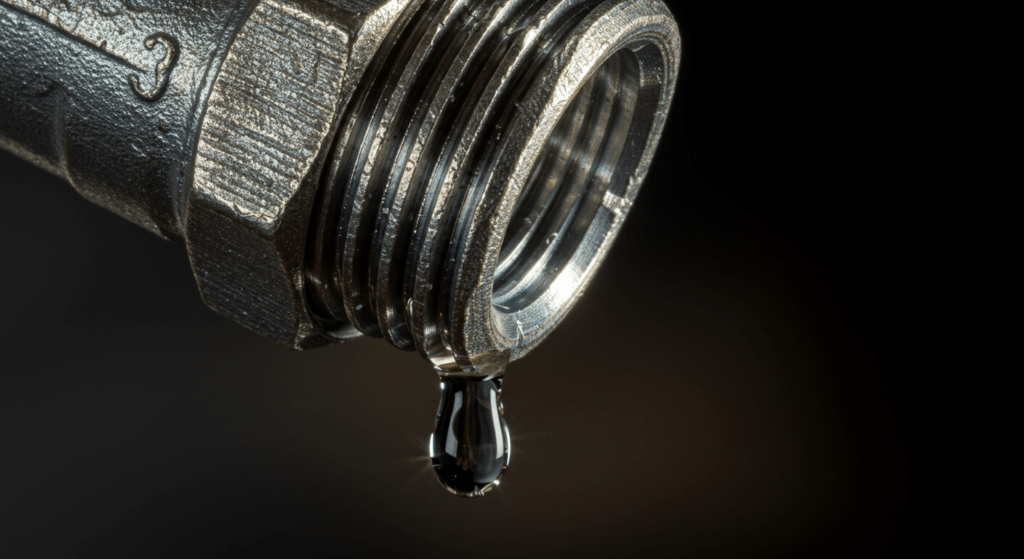 A macro photograph of a leaking metal threaded pipe connection, with a single glistening drop of water forming at the bottom.