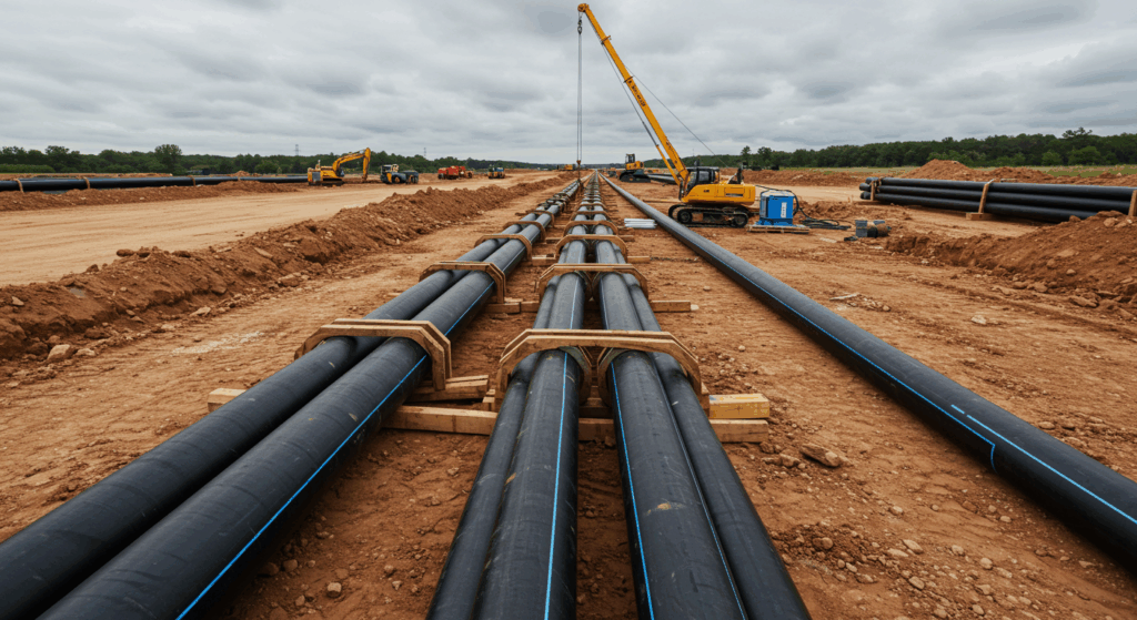 Long strings of large-diameter PE pipes assembled with butt fusion welds, laid out on a large construction site ready for installation.
