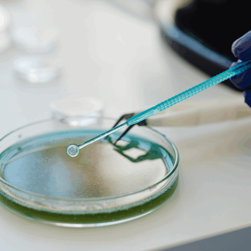 Close-up of a laboratory technician conducting microbiological analysis on a water sample in a petri dish at a UKAS accredited laboratory