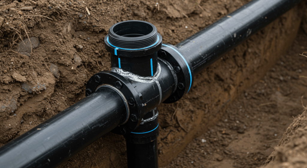 A completed black PE saddle fusion T-junction installed on a large diameter main, sitting in a clean soil trench on a construction site.