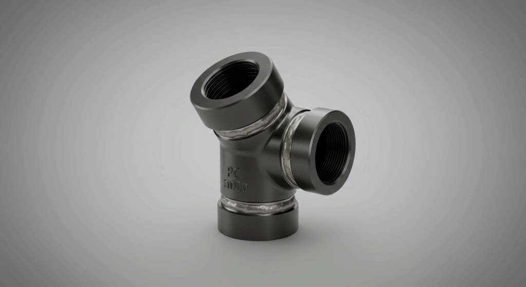 A studio photograph of a small-diameter black PE socket fusion Y-fitting, showing the clean, monolithic weld beads at the joints.