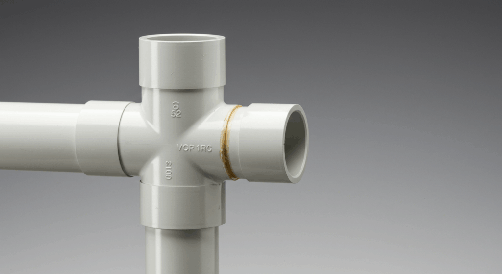 A studio photograph of a white PVC pipe cross-fitting joined by solvent welding, on a simple grey background.