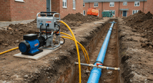 A chlorination pump and equipment set up next to a new blue water main in a trench at a UK new-build housing site, ready for disinfection