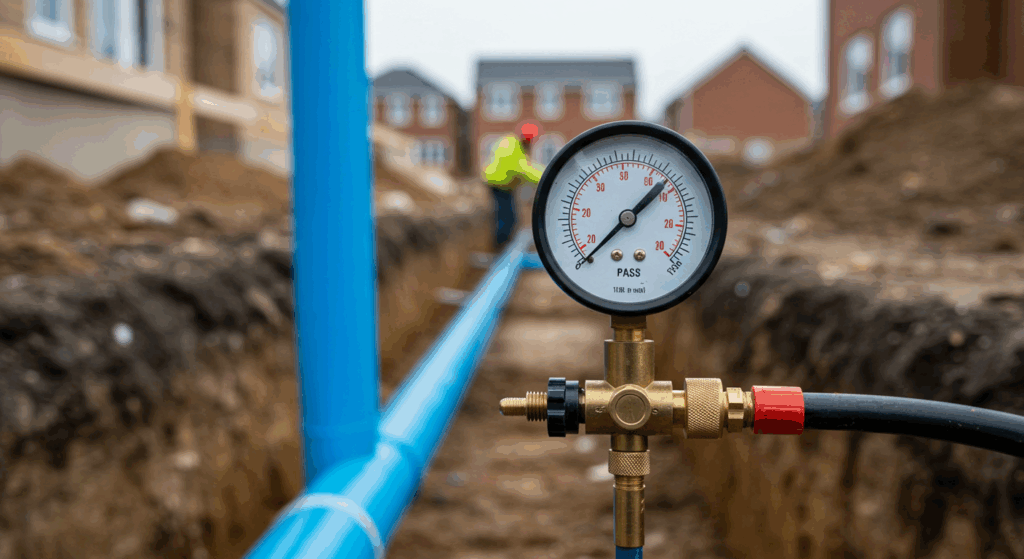 A close-up of a pressure testing gauge showing a successful test on a new blue water main in a trench at a UK new-build housing development.