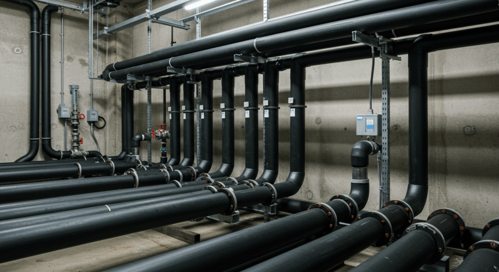 A complex network of fusion-welded black PE pipes professionally installed in an industrial plant room or water treatment facility.