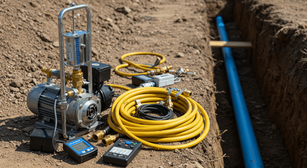 Professional rising main pressure testing equipment, including a high-pressure pump, yellow hoses, and digital data loggers, set up next to a trench with a new blue pipeline.