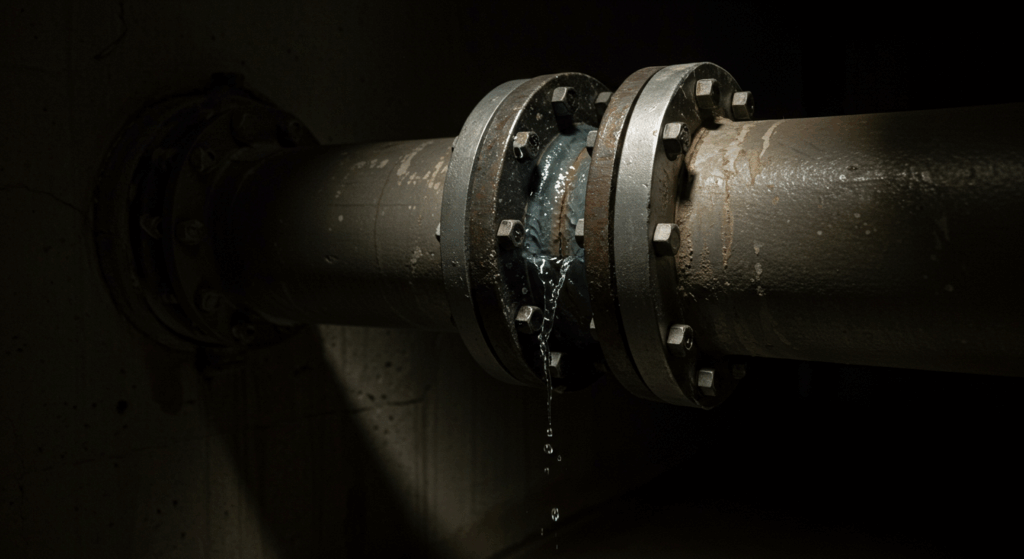 A dramatic close-up of a slow, weeping leak from a bolted flange joint on a large industrial pipe, highlighting a costly failure that pressure testing can prevent.
