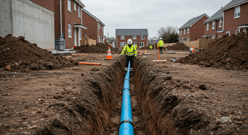 A new blue water main being installed in a trench at a new-build housing development in the UK, a common project requiring a connection certificate.