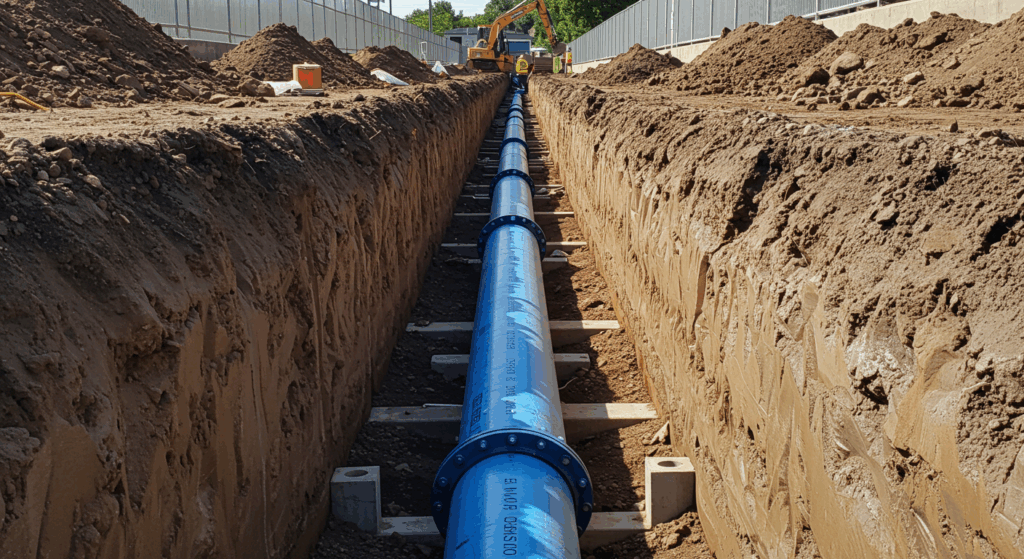 A long, newly installed blue water main resting on supports in a perfectly dug trench, showcasing a professional pipeline installation.