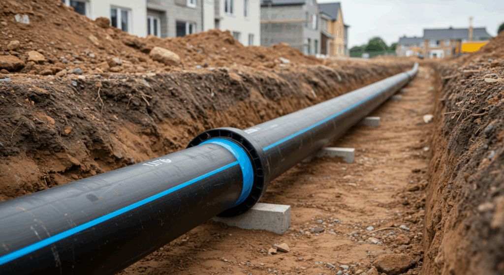 A new black PE water main with a visible fusion-welded joint installed in a trench at a new housing development site.