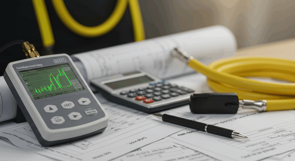 A professional desk setup showing a pressure testing data logger, calculator, and blueprints, representing the cost and planning phase of a project.
