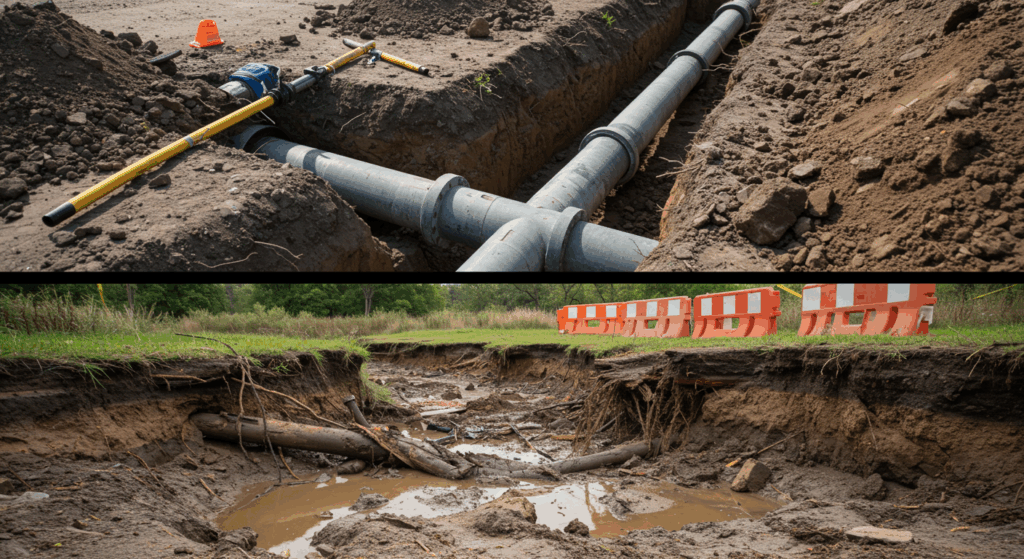 A split-screen image comparing the benefits of pressure testing. The top shows a clean, newly installed pipeline; the bottom shows a catastrophic burst pipe failure.