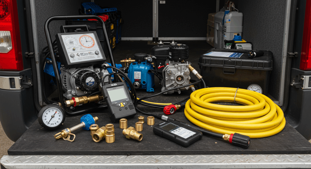 The back of a Pipe Testing Services van, showing a complete set of professional pressure testing equipment, including pumps, data loggers, and hoses.