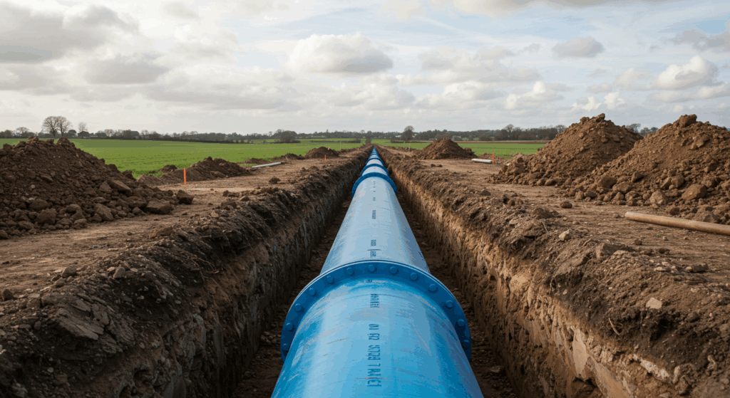 A large-diameter blue rising main pipeline installed in a long, straight trench, stretching across a rural landscape under a wide sky.
