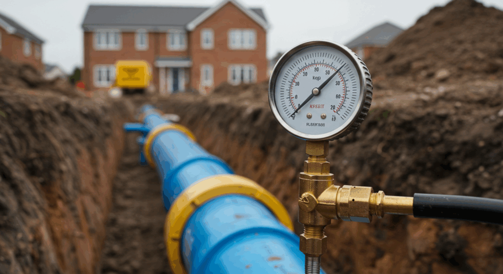 A close-up of a pressure testing gauge showing a successful high-pressure reading on a new water main at a UK new-build housing site.