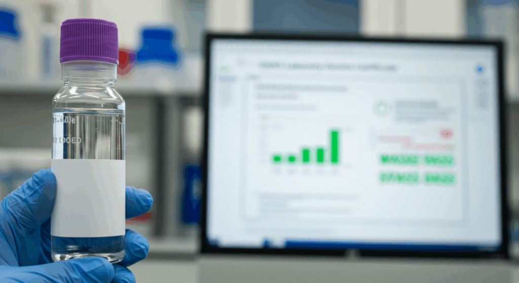 A technician in a blue glove holding a sterile water sample in a UKAS laboratory, with a computer screen showing pass results in the background.