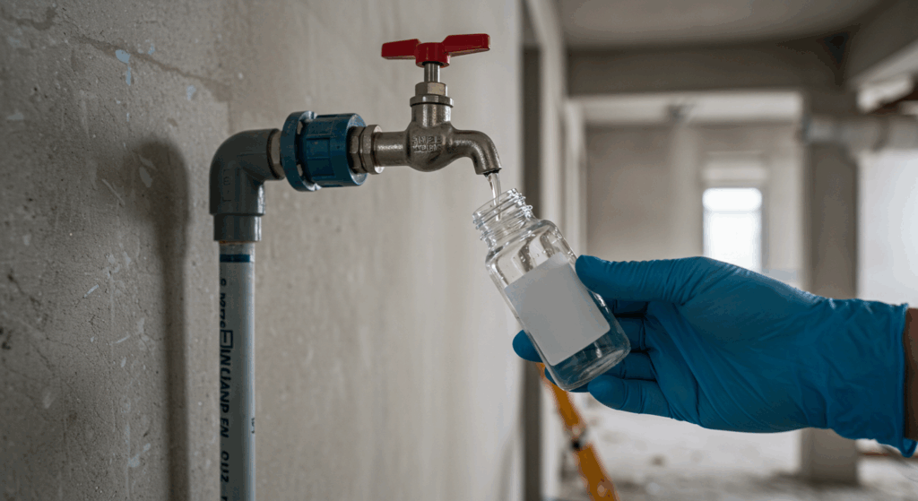 A technician in a blue glove taking a sterile water sample from a tap on a new pipe installation inside a building under construction.