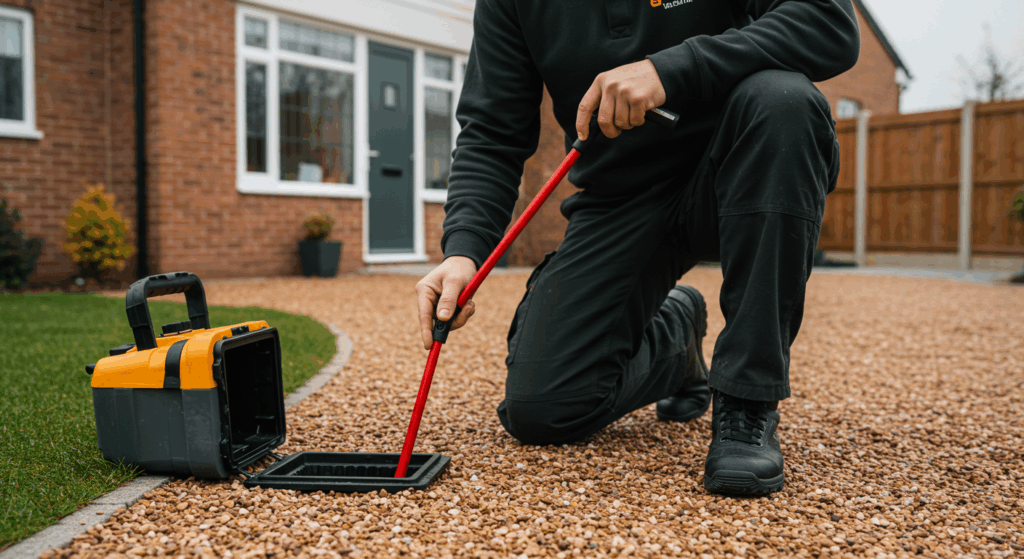 A professional technician from Pipe Testing Services performing a CCTV drain survey on a neat gravel driveway next to a UK home.