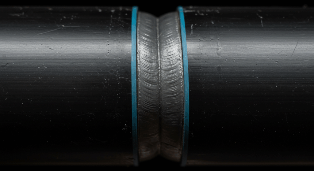 A close-up macro photograph of a perfect, symmetrical butt fusion weld bead on a black PE pipe, showing a seamless and strong joint.