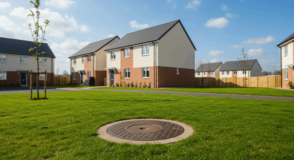 A successfully adopted pumping station with a neat manhole cover, set flush in a green lawn on a new-build housing estate in the UK