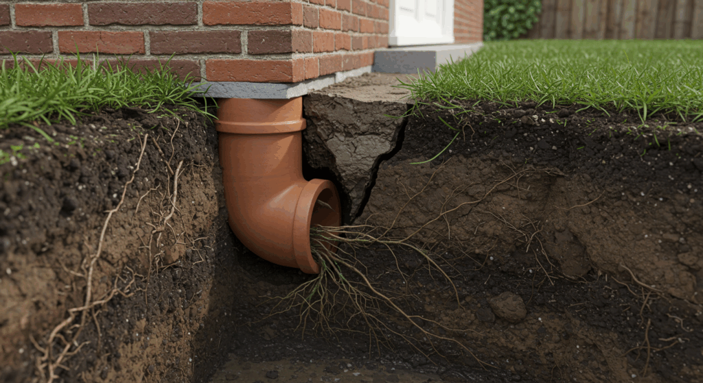 A 3D cutaway view showing a broken underground drain pipe with tree roots growing out of it, located next to the foundation of a house.