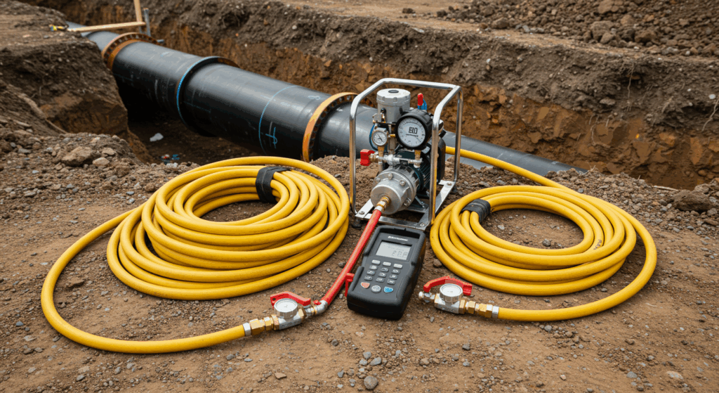 Professional hydrostatic pressure testing equipment, including a pump, data logger, and yellow hoses, set up next to a large-diameter pipeline in a trench.
