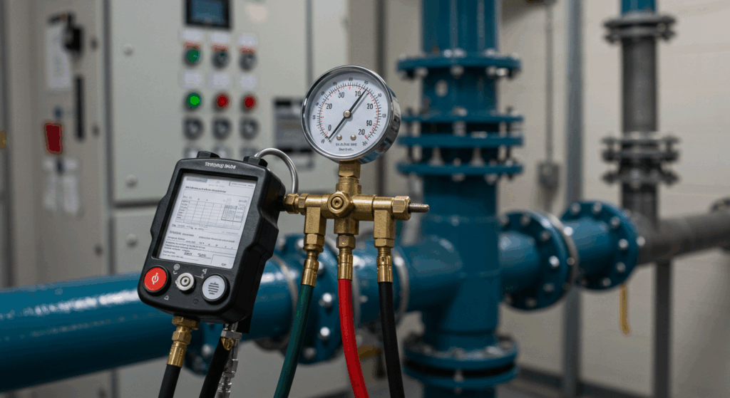 Professional pressure testing equipment, including a gauge and data logger, connected to a large pumping station pipeline in a clean plant room.