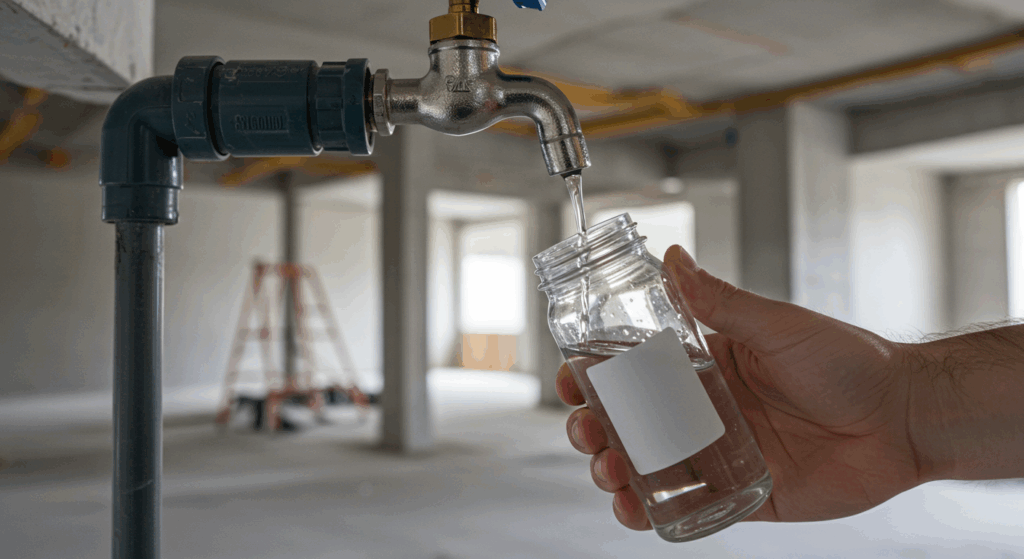 A sterile water sample being taken from a new pipe installation inside a building under construction to verify disinfection and water safety
