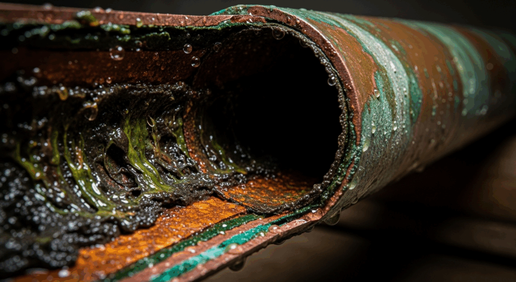A close-up cutaway of an old copper water pipe, showing a thick, slimy biofilm and corrosion on the internal surface, a risk in stagnant systems