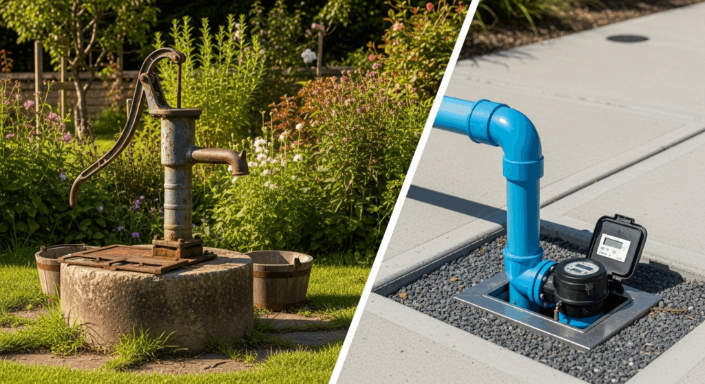 A split-screen image comparing an old, rustic borehole water pump in a garden on the left with a modern, new mains water meter on the right