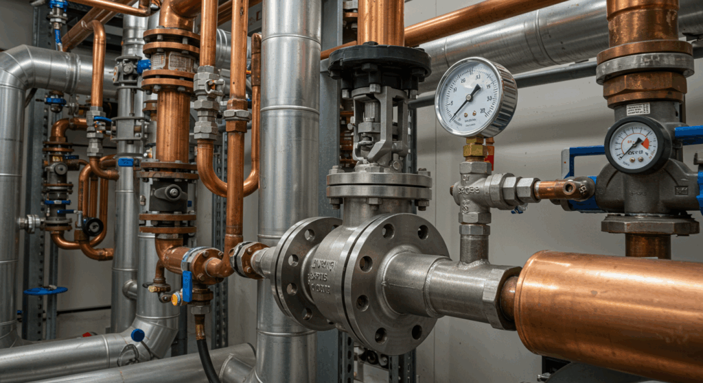 A complex network of copper and steel industrial pipes in a commercial plant room, with a pressure gauge connected to a large valve.
