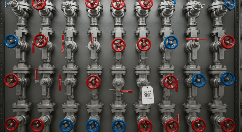 A large manifold of industrial valves, with a single valve clearly marked with a 'Valve Under Test' tag, representing a systematic testing process.
