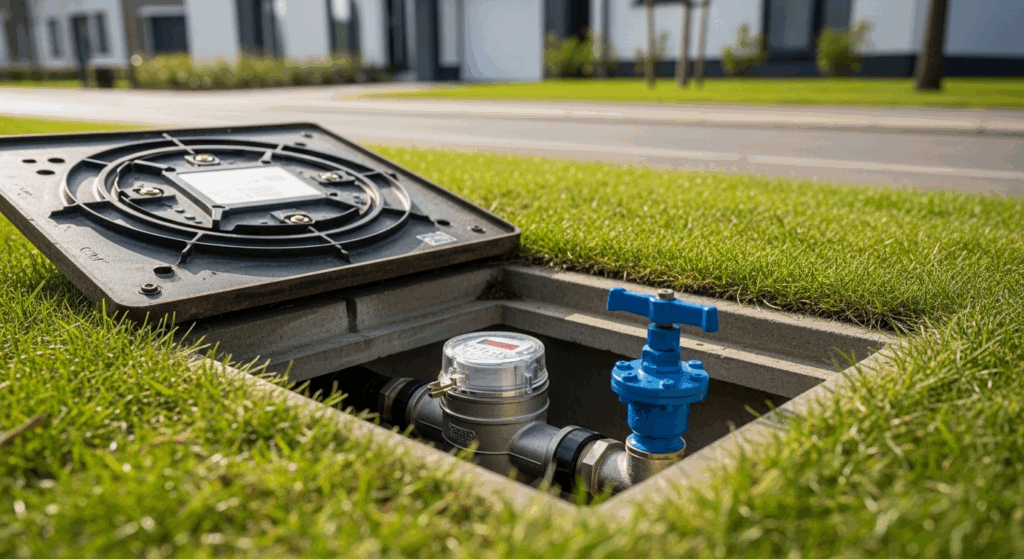 A new mains water meter and blue stopcock installed neatly in an open chamber in a green lawn, representing a successful new water connection