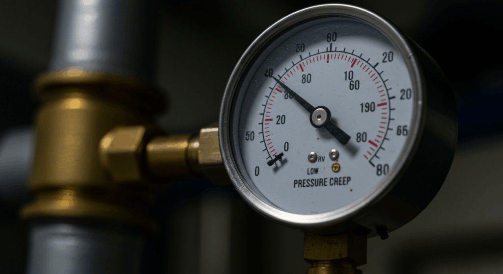 A close-up of a sensitive pressure gauge showing a 'low pressure creep' reading, indicating a failed valve serviceability test.