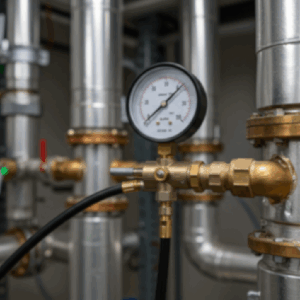 A pressure testing gauge connected to a complex network of insulated, flanged industrial pipework inside a commercial plant room.