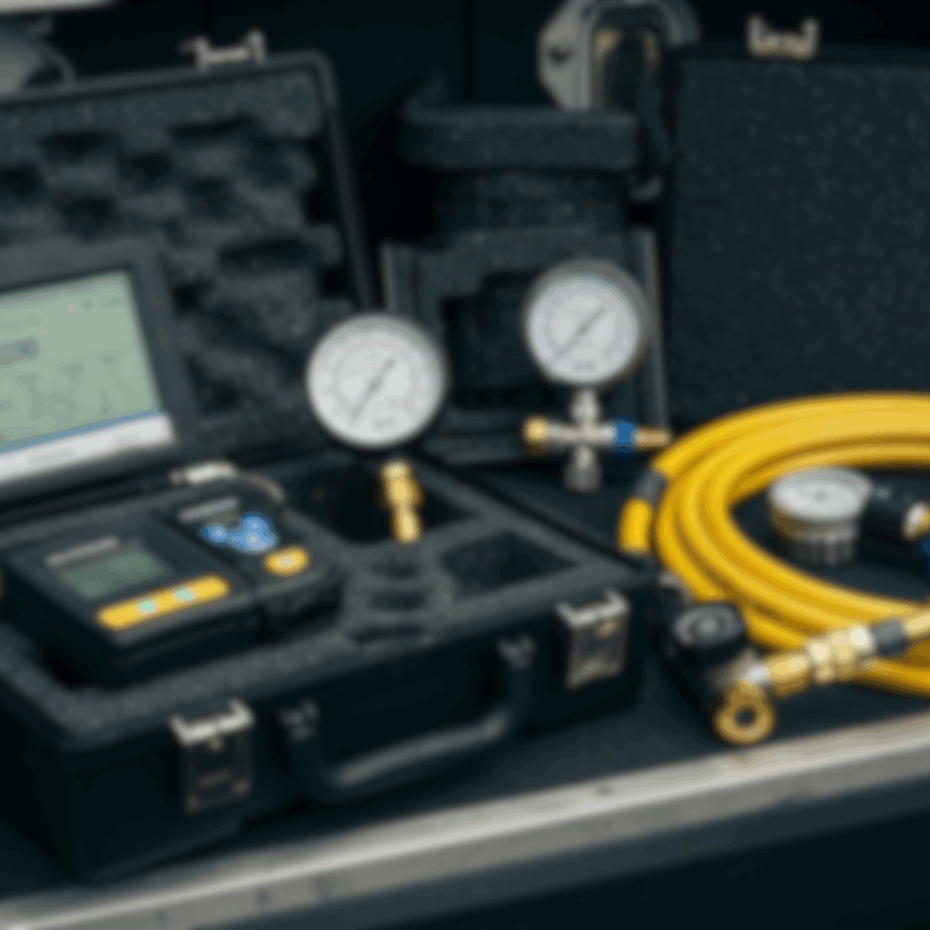 A specialist pipe testing toolkit, including digital data loggers, pressure gauges, and a coiled yellow hose, displayed in the back of a work van.