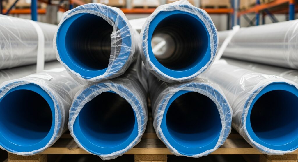 A close-up of the ends of several large-diameter pipes that have been professionally cleaned and are now sealed in protective plastic bagging.