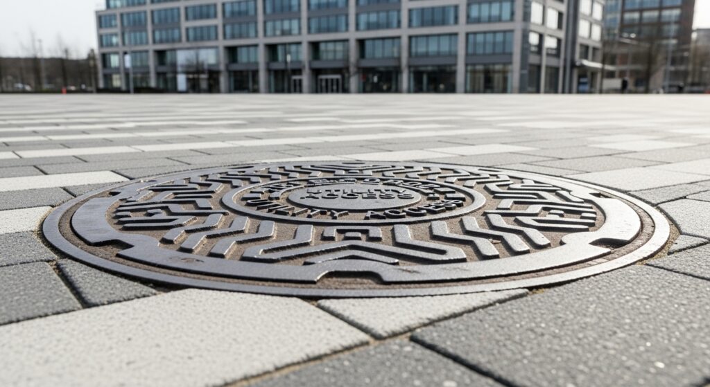 A close-up of a heavy-duty 'Utility Access' manhole cover set in modern block paving, with a large commercial building in the background.