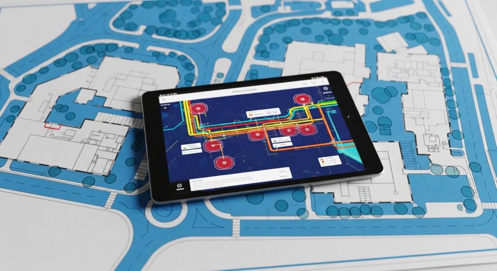 A tablet displaying a digital drainage asset map with colour-coded defects, resting on top of a larger paper blueprint of a commercial site