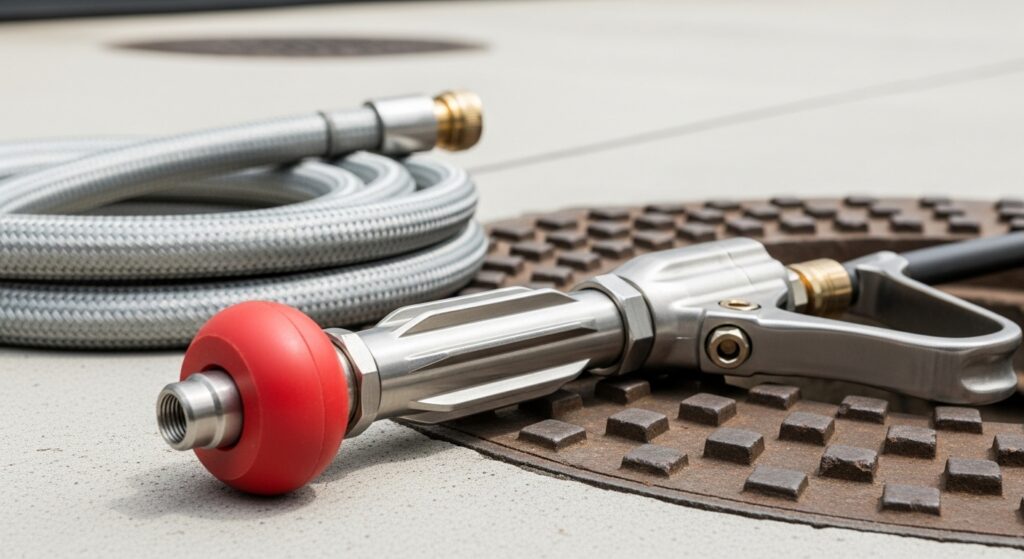 A professional, stainless steel high-pressure water jetting nozzle and braided hose resting on a manhole cover, ready for drain cleaning.