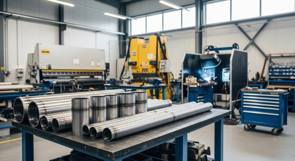 Newly fabricated stainless steel pipe spools resting on a workbench in a clean, modern, and professional engineering workshop.