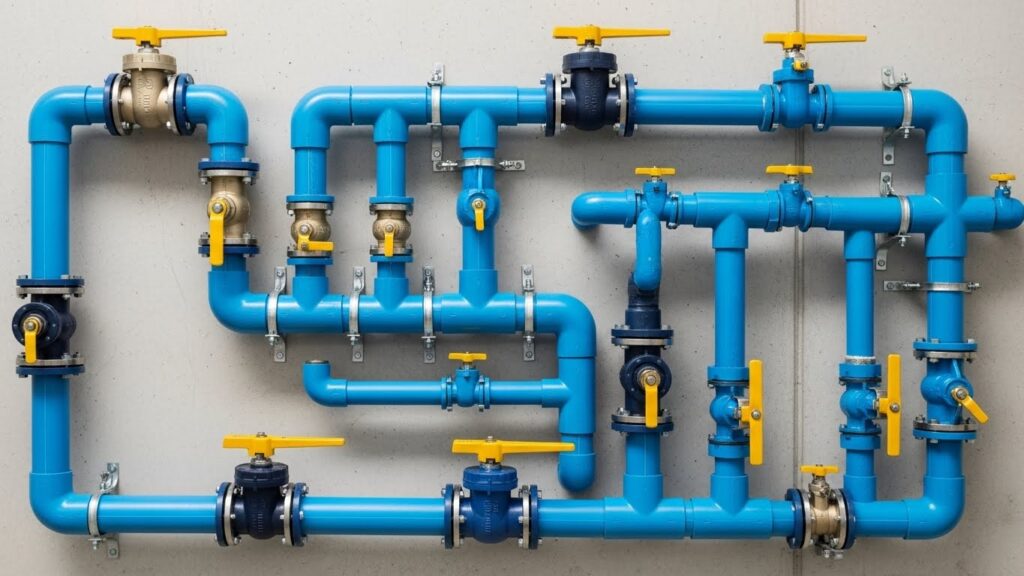 A complex and orderly network of blue industrial pipes with yellow-handled valves, professionally installed on a concrete wall.