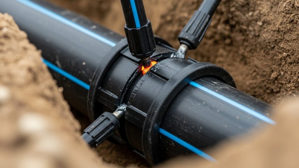 A close-up of an electrofusion weld in progress, with molten plastic glowing orange as the fitting fuses to a black PE pipe in a trench.