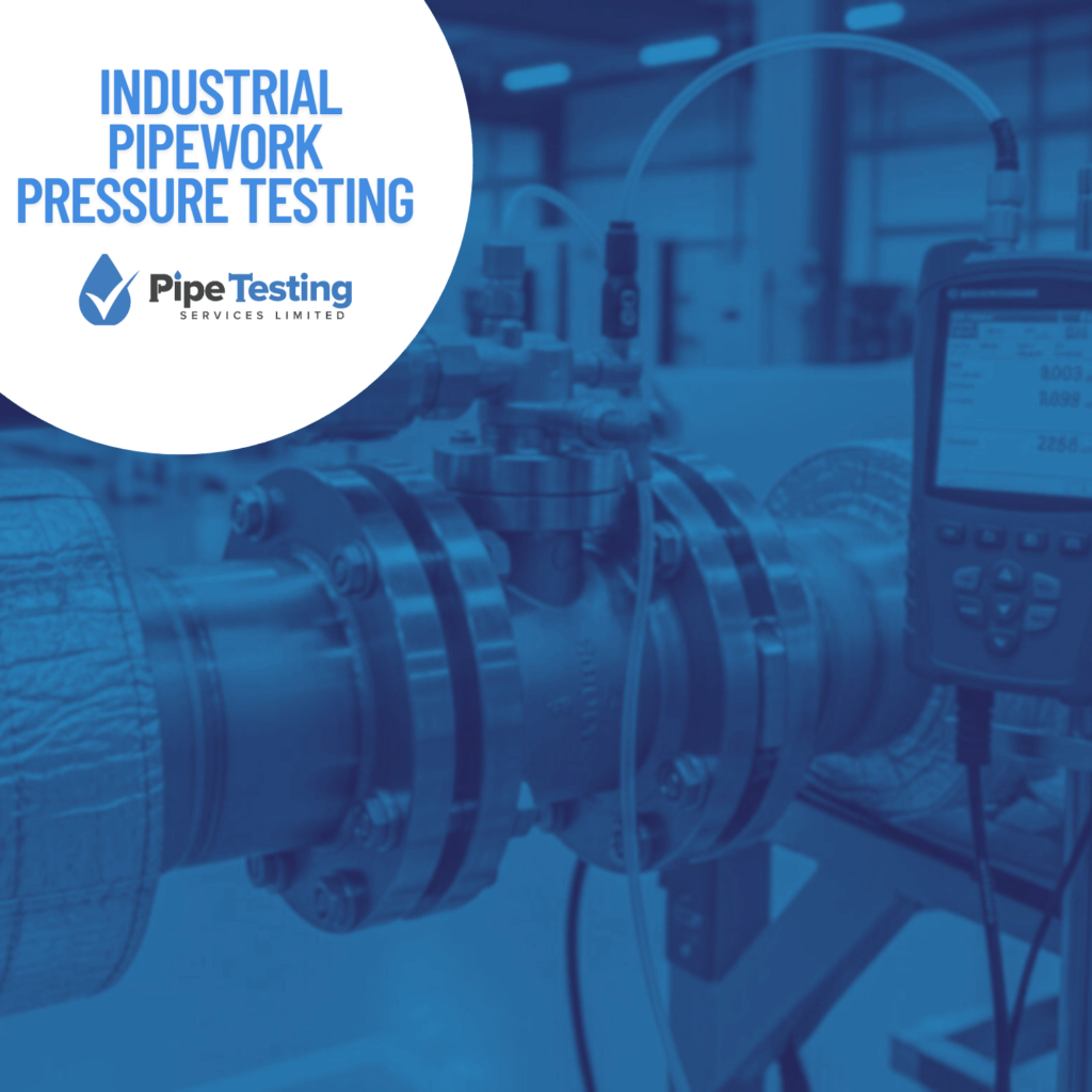 A guide to industrial pipework pressure testing by Pipe Testing Services, over a background of a digital data logger testing a pipeline.
