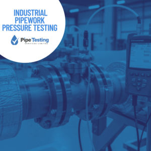 A guide to industrial pipework pressure testing by Pipe Testing Services, over a background of a digital data logger testing a pipeline.