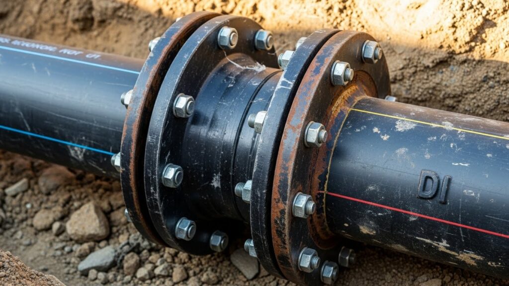 A close-up of a large, bolted flange connection joining a black PE pipe to a ductile iron (DI) main in a trench, representing a pipeline tie-in.